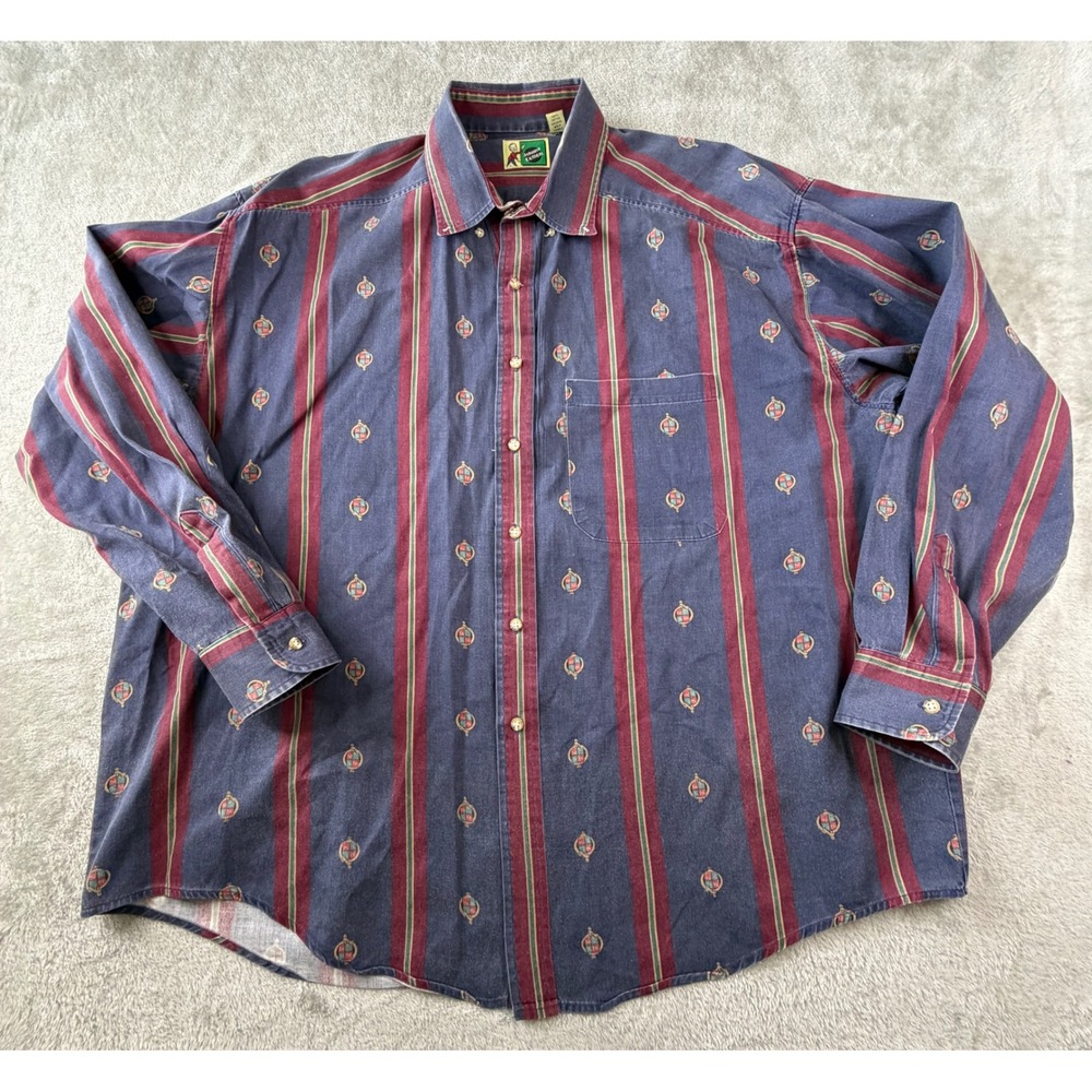 Johnny Cotton Button Down Shirt Mens XL Blue Red Striped Crest Made in USA